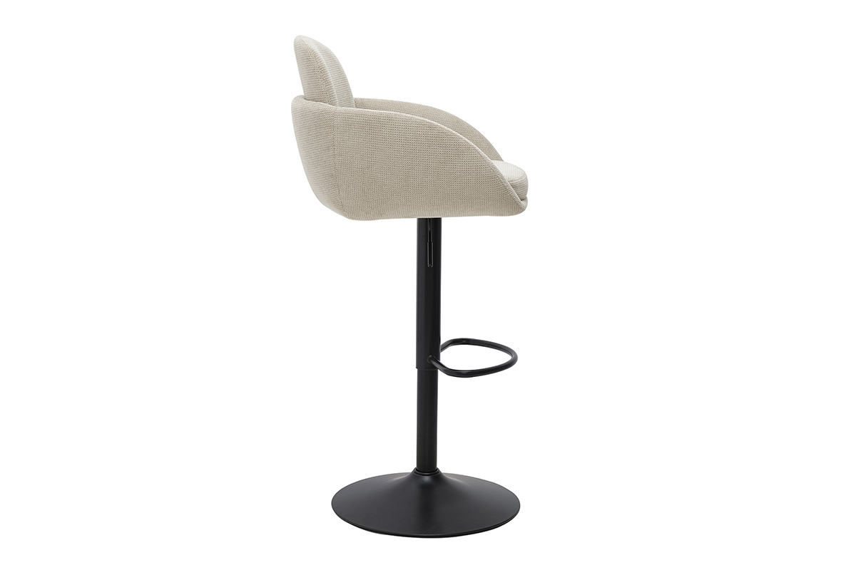 Sgabello da bar regolabile girevole a 360� in tessuto beige, vista di profilo, con base in metallo nero.