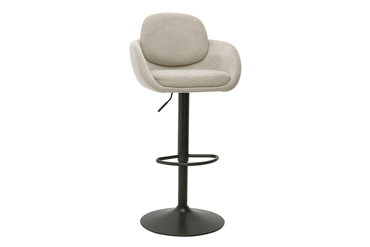 Sgabello da bar regolabile girevole a 360� in tessuto effetto velluto beige e metallo nero, vista in 3/4.