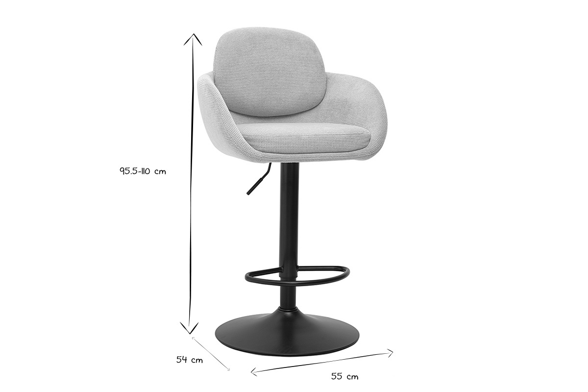 Dimensioni degli sgabelli da bar regolabili in nero e bianco: altezza 95,5-110 cm, seduta 54 cm, diametro 55 cm.