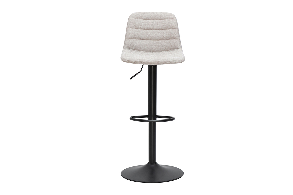 Sgabello da bar beige in tessuto effetto velluto con base in metallo nero, vista frontale.