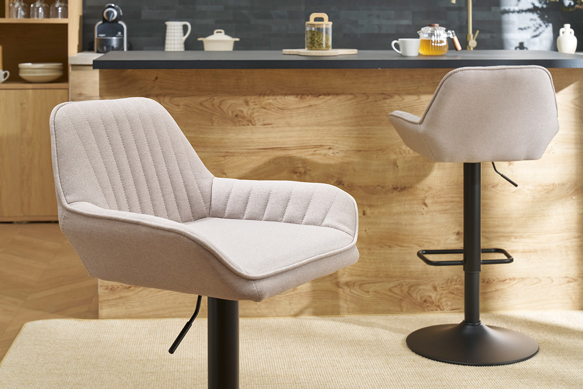 Sgabelli da bar regolabili in tessuto beige e metallo nero (set di 2) RONNIE
