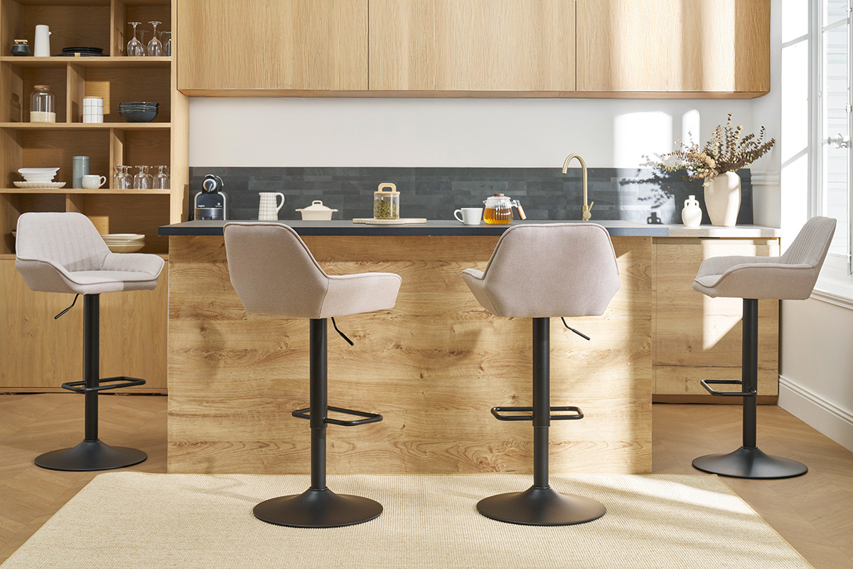 Sgabelli da bar regolabili in tessuto beige e metallo nero (set di 2) RONNIE