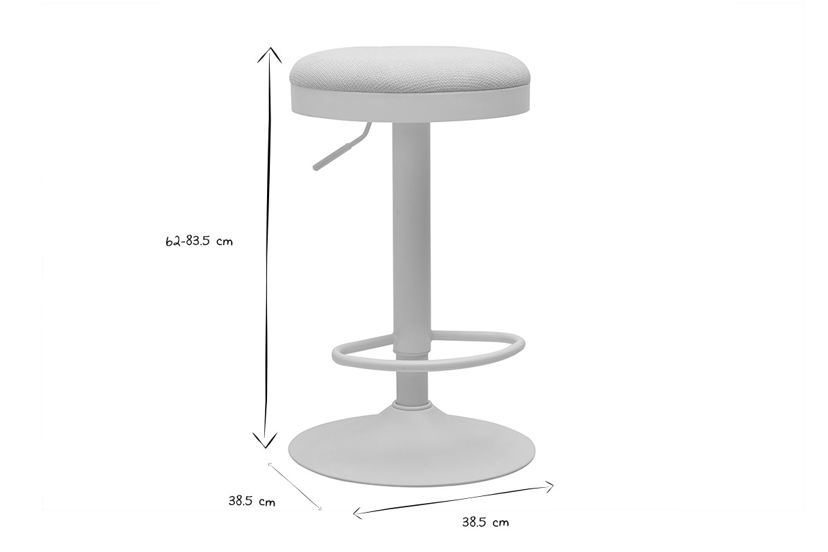 Dimensioni degli sgabelli da bar regolabili: altezza 62-83,5 cm, diametro 38,5 cm, immagine in bianco e nero.