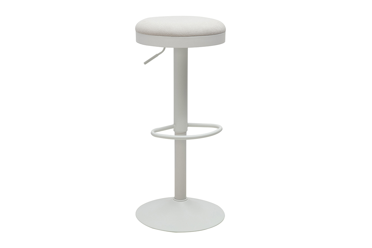Sgabello da bar regolabile in tessuto chenille �cru e metallo bianco, vista a 3/4.