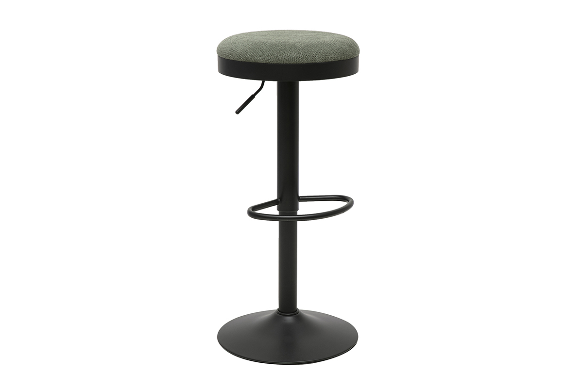 Sgabello da bar regolabile in tessuto chenille verde kaki su base in metallo nero, vista a 3/4.
