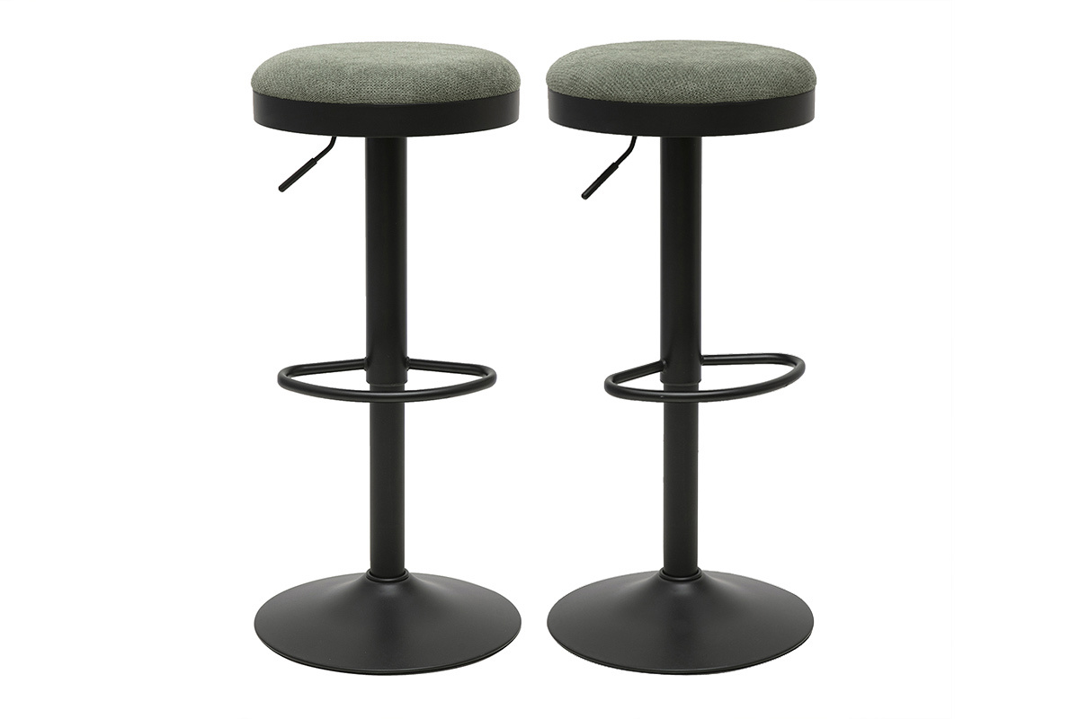 Sgabelli da bar regolabili in tessuto chenille verde kaki e metallo nero, vista frontale.