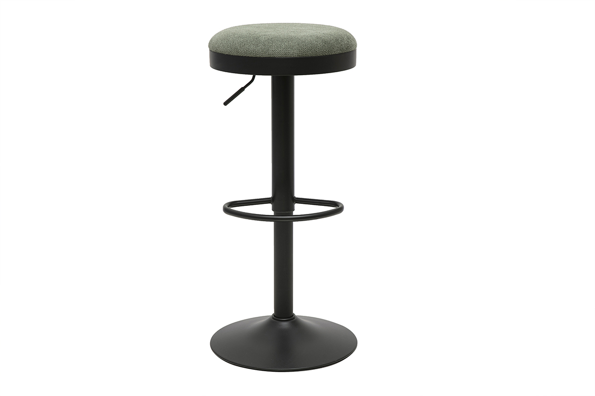 Sgabello da bar regolabile in tessuto chenille verde kaki e metallo nero, vista frontale.