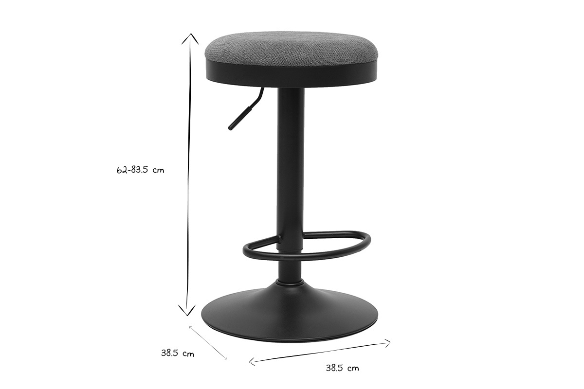Dimensioni dello sgabello da bar regolabile in bianco e nero, altezza 62-83,5 cm, diametro 38,5 cm.