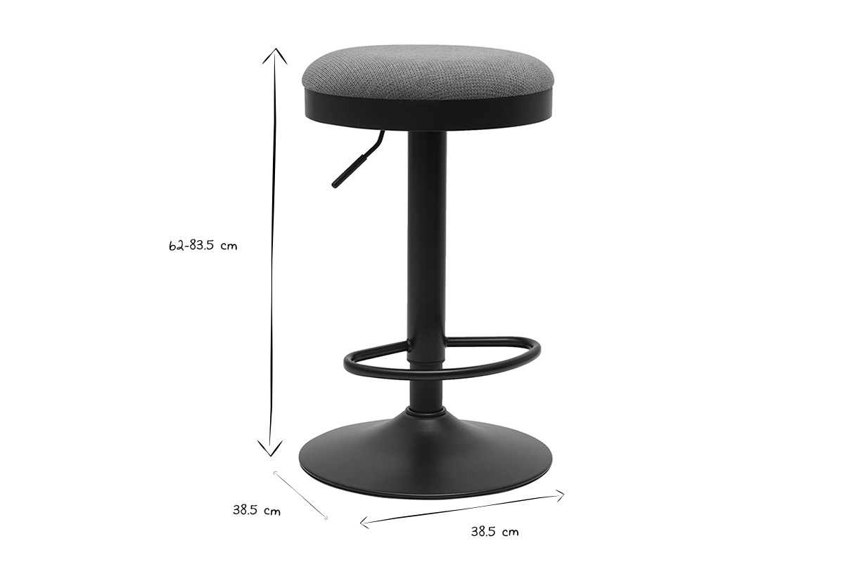 Dimensioni degli sgabelli da bar THOR in bianco e nero, altezza regolabile da 62 a 83,5 cm, diametro di 38,5 cm.