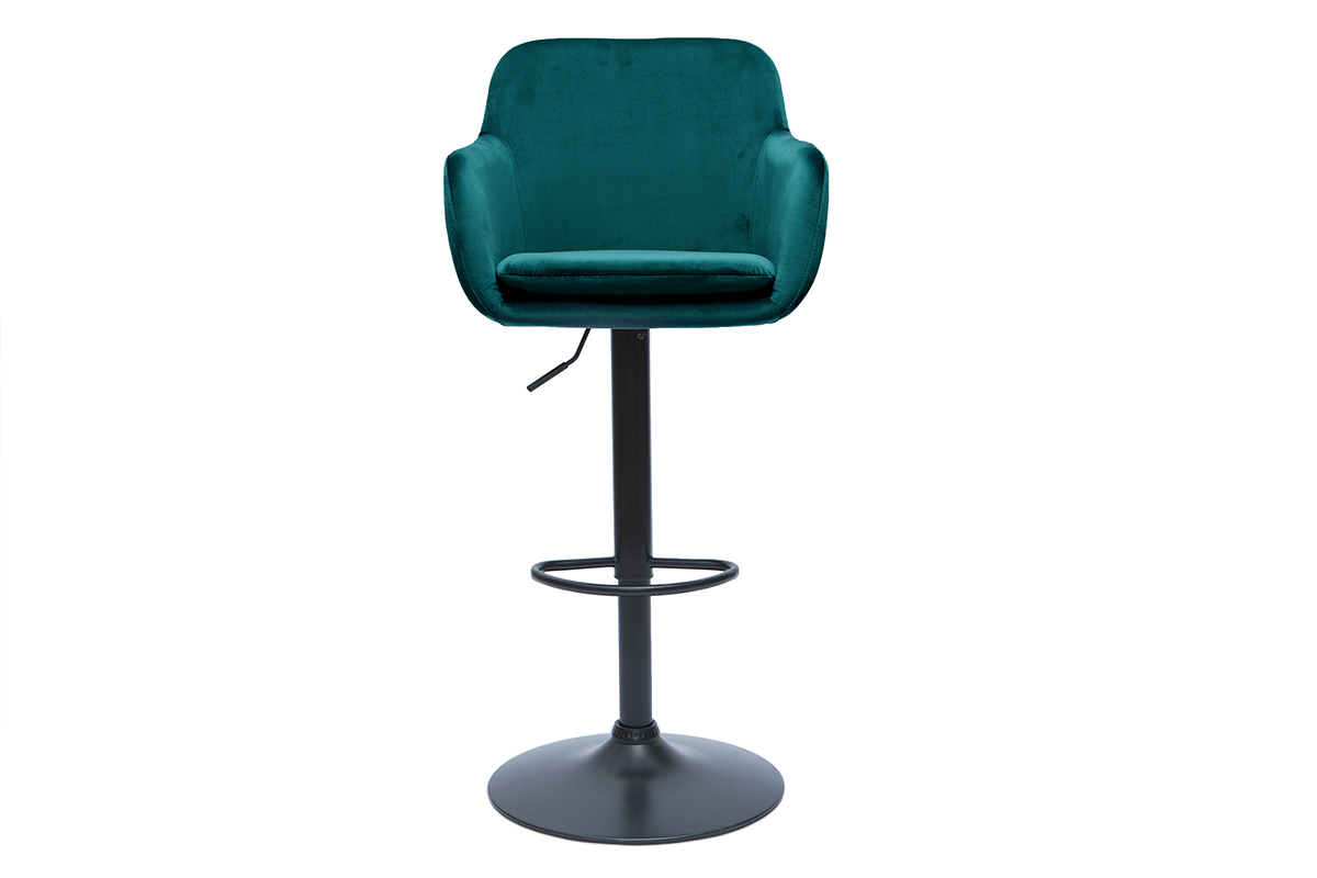 Sgabello da bar in velluto blu petrolio con piede in metallo nero, vista frontale.