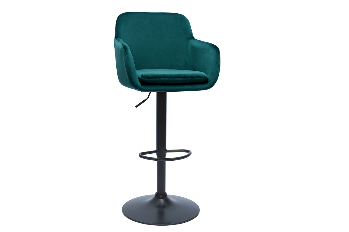 Sgabello da bar in velluto blu petrolio e metallo nero, vista da 3/4.