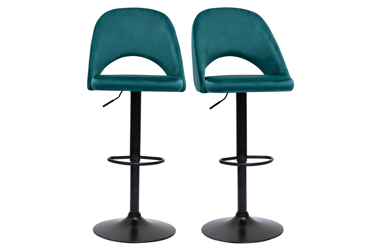 Sgabelli da bar regolabili in velluto blu petrolio e metallo nero (set di 2) COSETTE