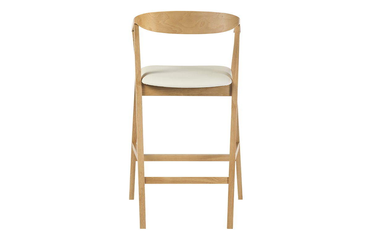 Sgabello da bar scandinavo bianco e legno chiaro, vista posteriore, altezza H66,5 cm.