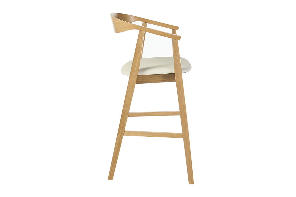 Sgabello da bar scandinavo bianco e legno chiaro, vista di profilo con braccioli.