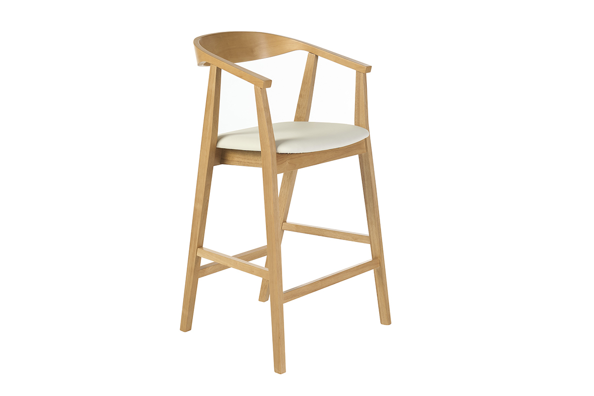 Sgabello da bar scandinavo bianco e legno chiaro, vista a 3/4, altezza H66,5 cm.