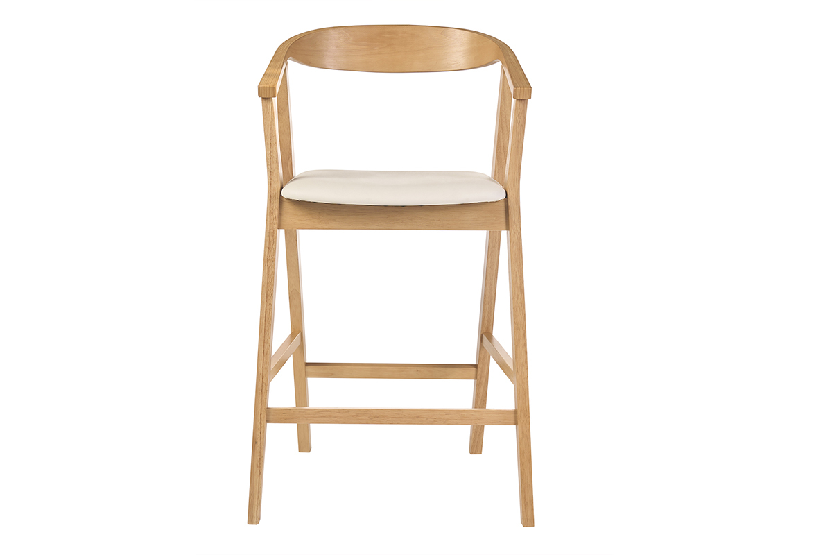 Sgabello da bar scandinavo bianco e legno chiaro, vista frontale, H66.5 cm.