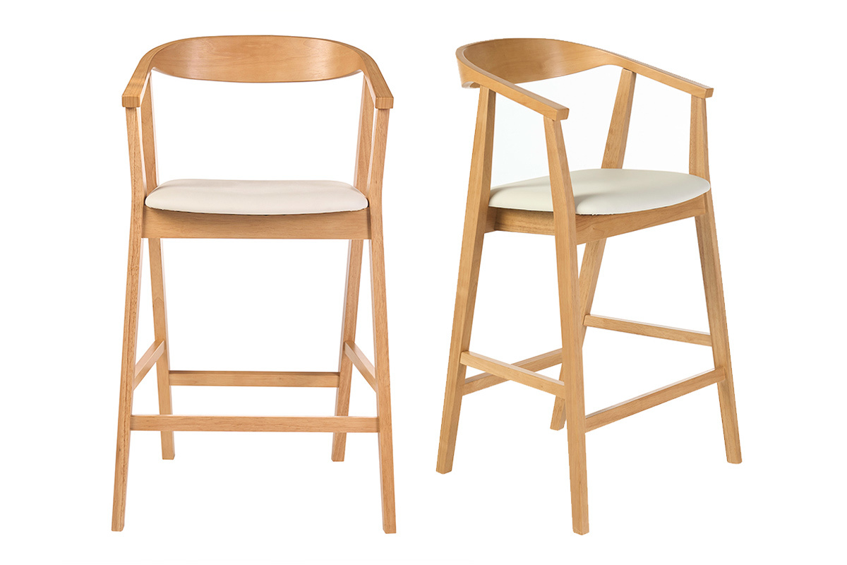 Taburets de bar scandinaves bianchi e legno chiaro H66.5 cm, vista frontale e 3/4.