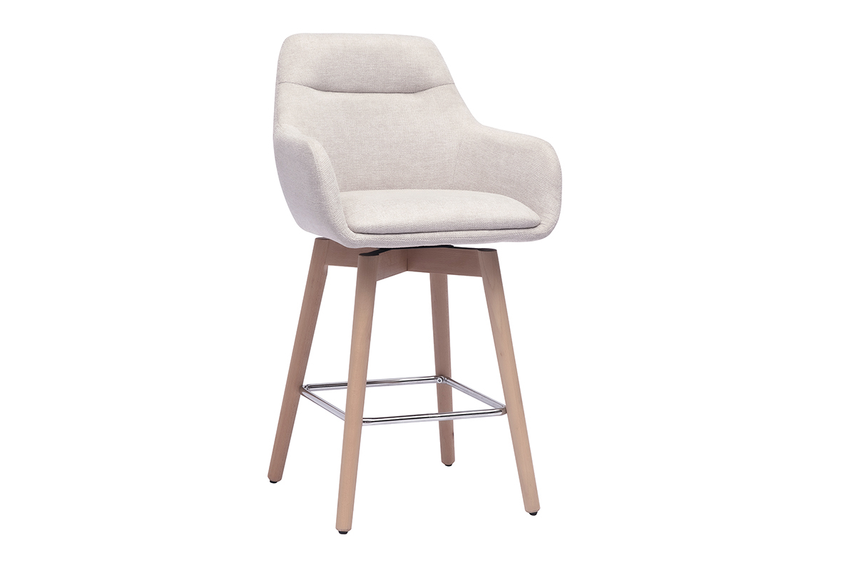 Sgabello da bar scandinavo beige con piede in legno chiaro, vista da 3/4.