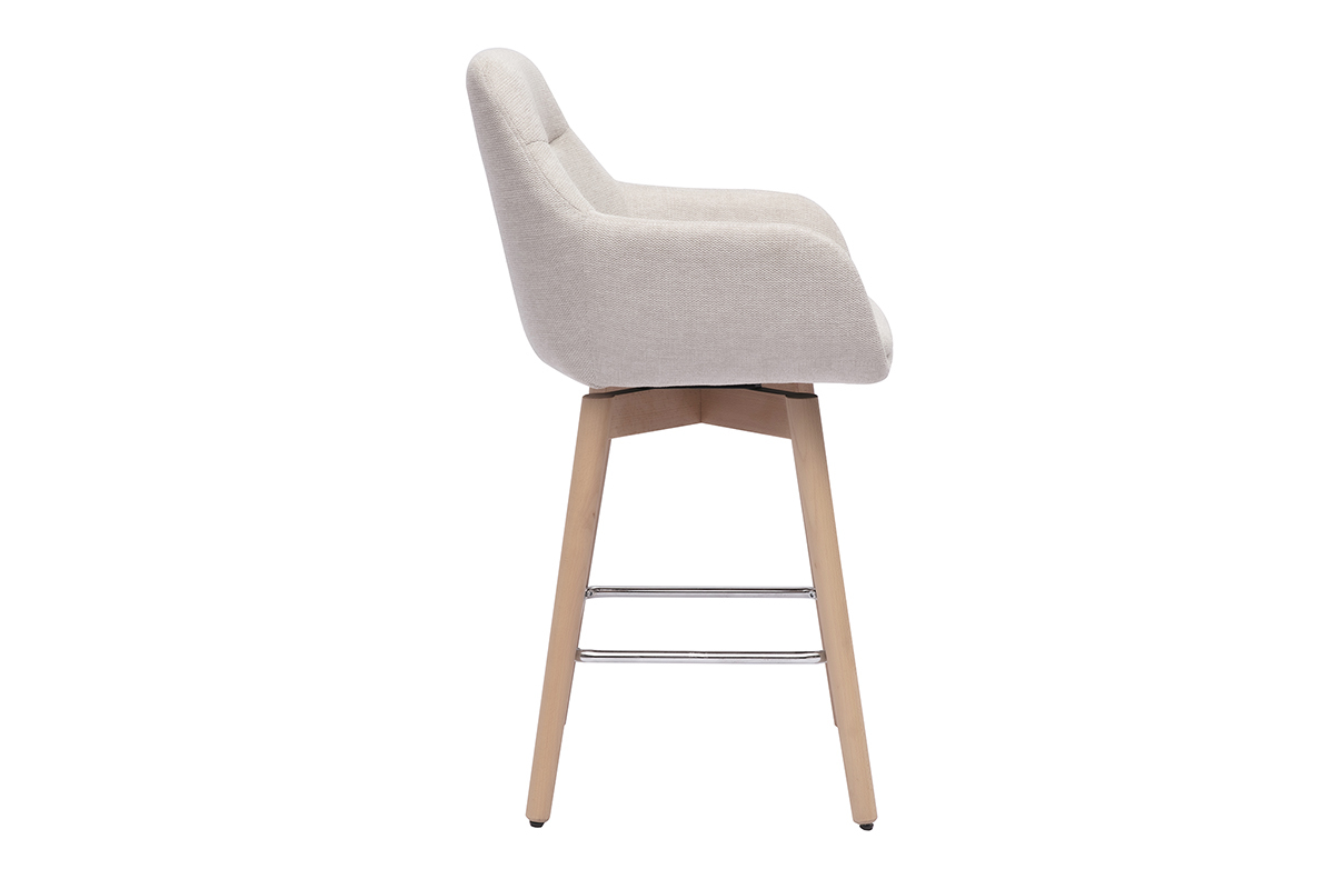 Sgabello da bar scandinavo beige di profilo con piede in legno chiaro.
