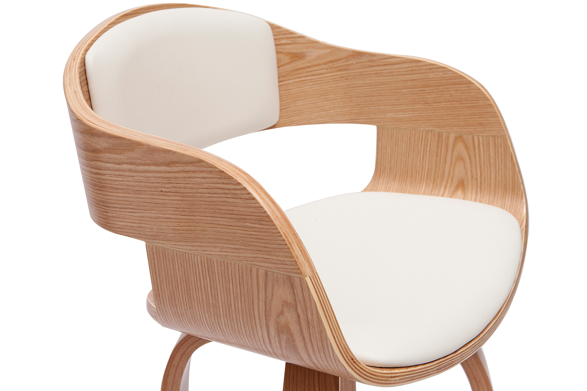 Sgabello da bar scandinavo, legno chiaro, seduta e schienale bianchi, vista laterale.