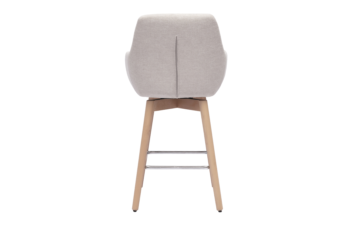 Sgabello da bar scandinavo ALESS, vista posteriore, tessuto beige, gambe in legno chiaro.