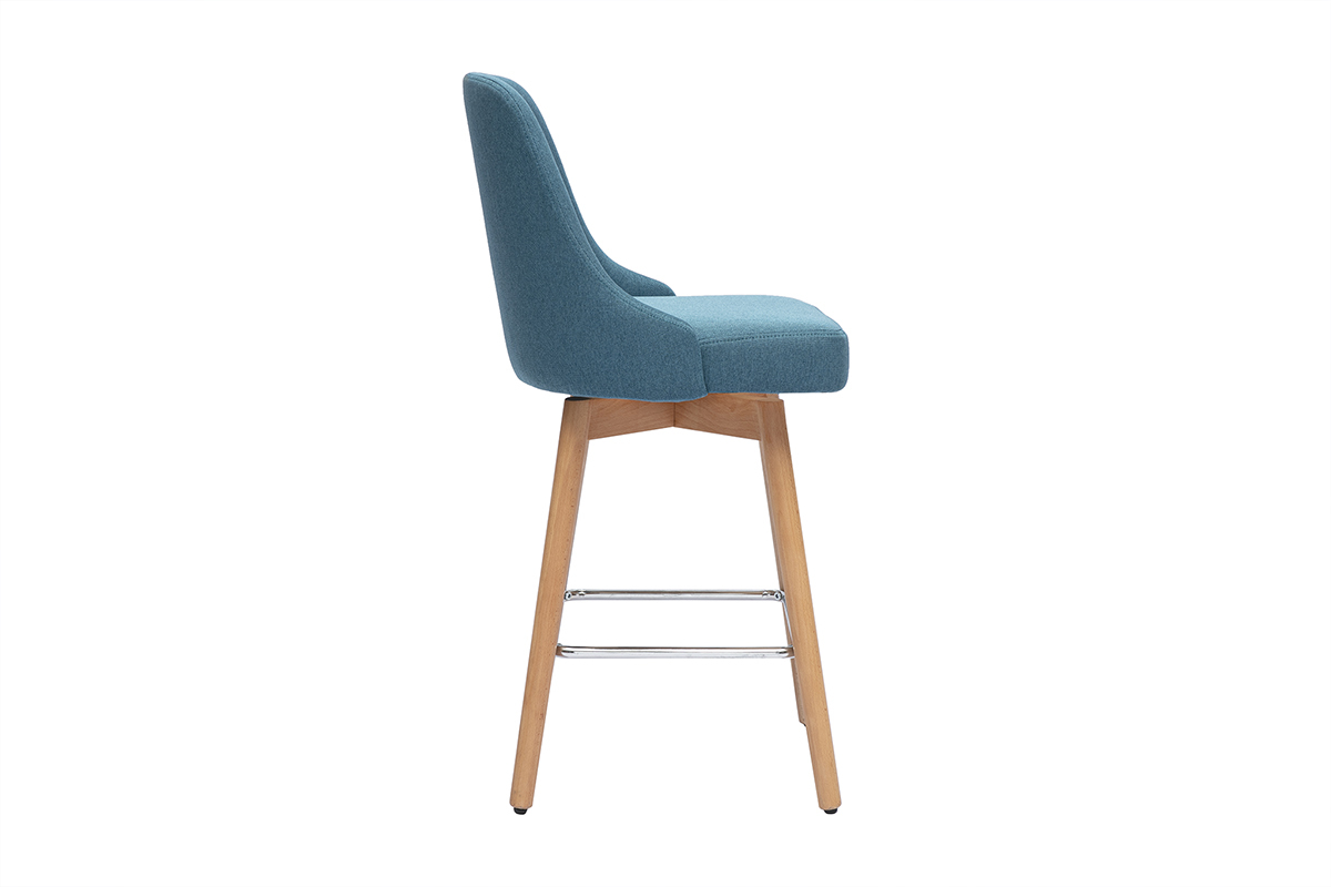 Sgabelli da bar scandinavi girevoli a 360 in tessuto blu petrolio e legno massello di faggio H65 cm (set di 2) HASTA