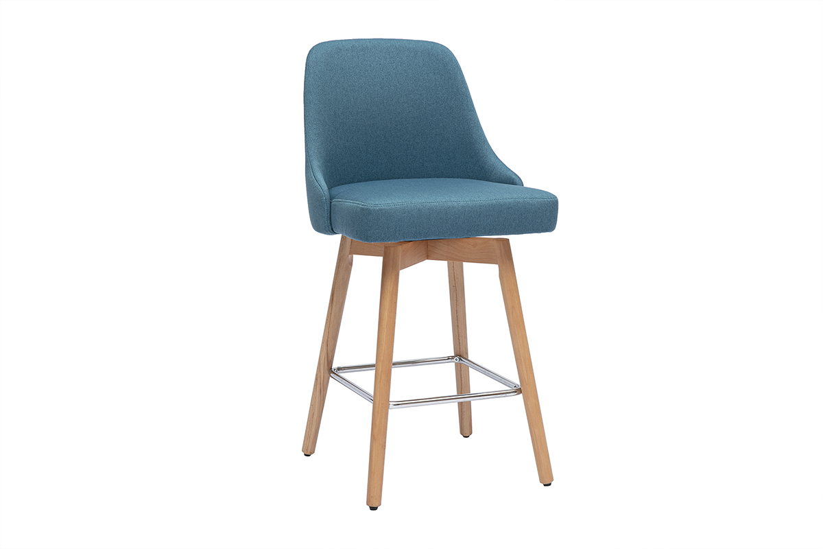 Sgabelli da bar scandinavi girevoli a 360 in tessuto blu petrolio e legno massello di faggio H65 cm (set di 2) HASTA