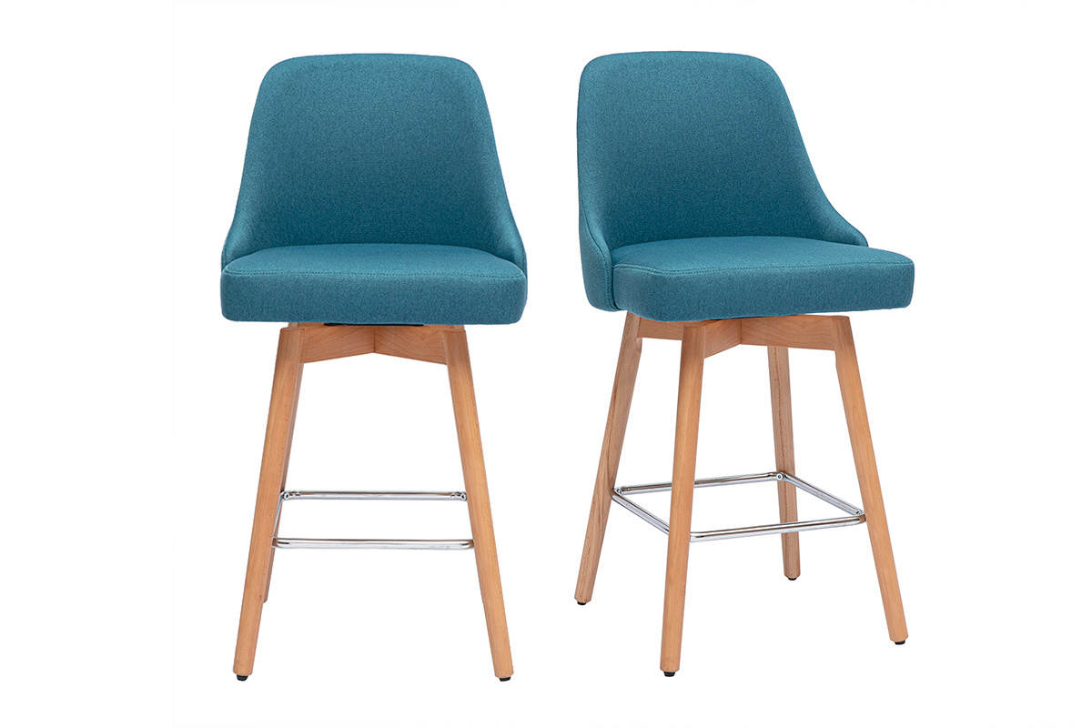 Sgabelli da bar scandinavi girevoli a 360 in tessuto blu petrolio e legno massello di faggio H65 cm (set di 2) HASTA