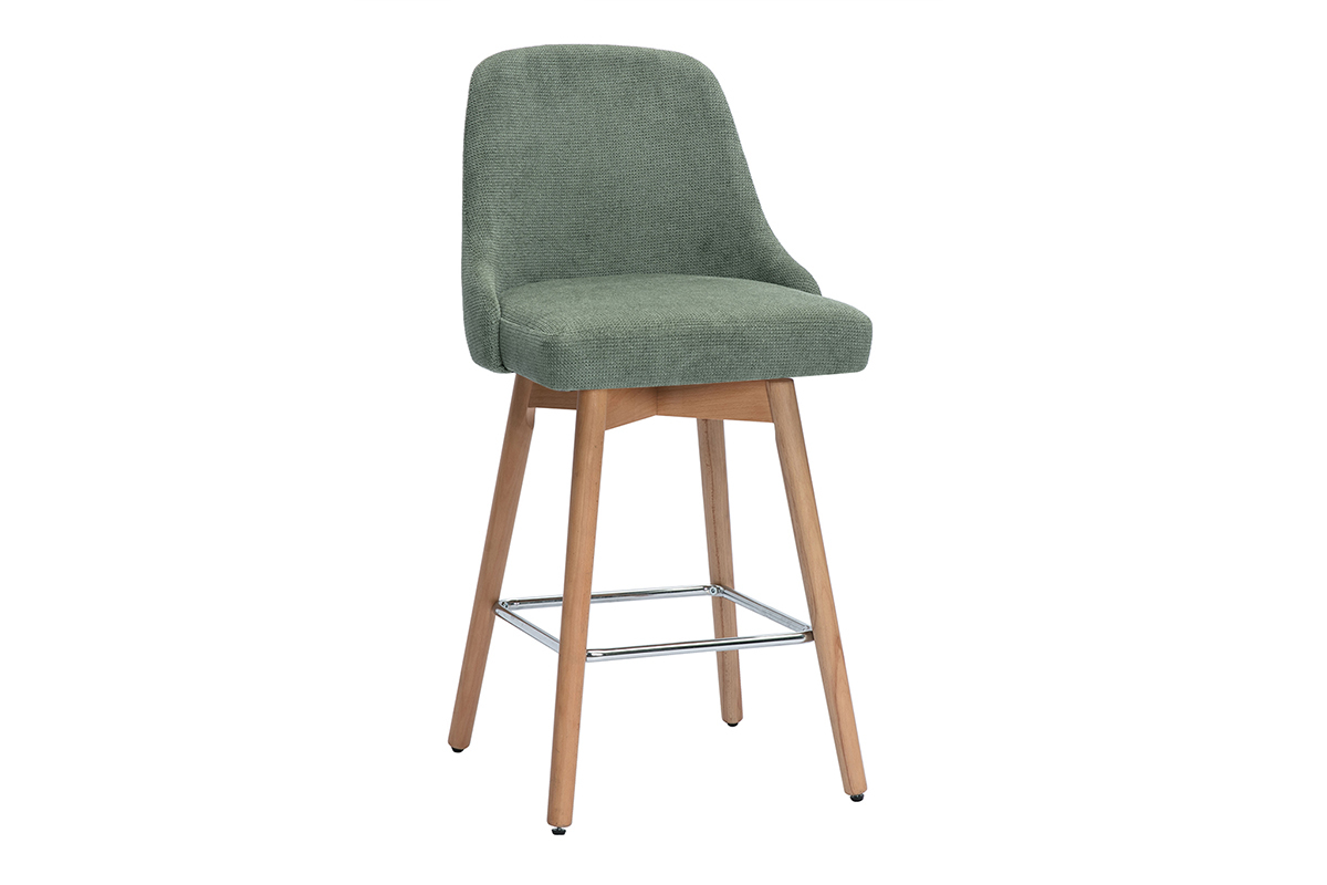Sgabelli da bar scandinavi girevoli a 360 in tessuto effetto velluto verde kaki e legno di faggio massiccio H65 cm (set di 2) HASTA