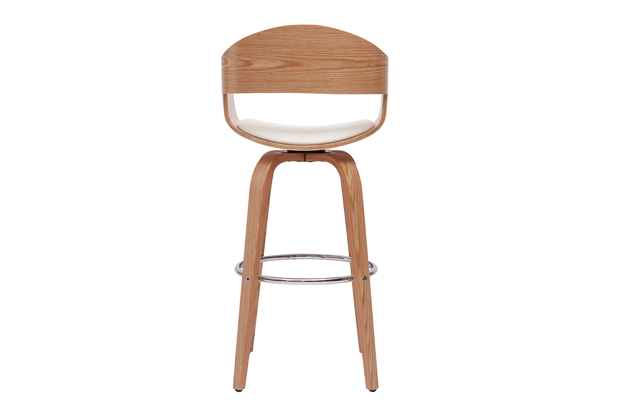 Sgabello da bar scandinavo in legno chiaro, vista posteriore, seduta bianca e poggiapiedi cromato.