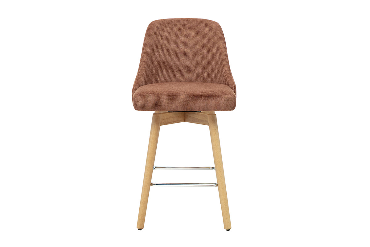 Sgabello da bar scandinavo girevole H65 cm in tessuto chenille terra bruciata e legno di faggio, vista frontale.