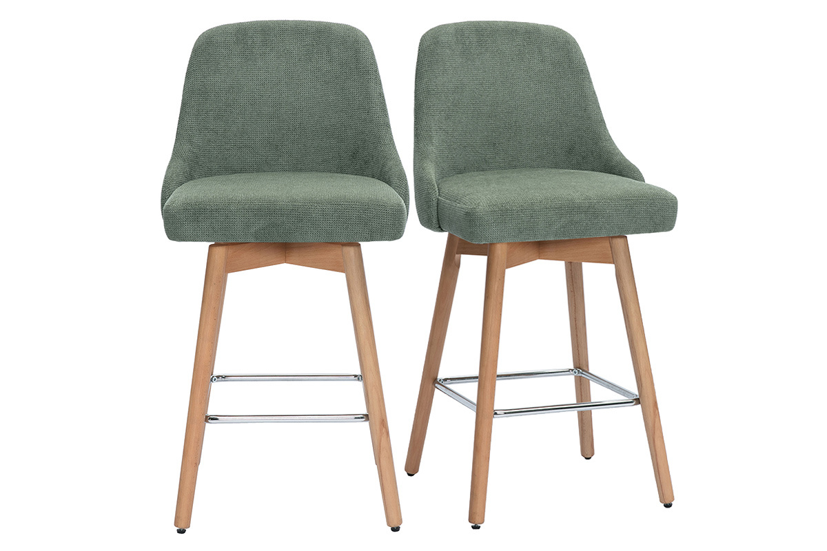 Sgabelli da bar scandinavi girevoli a 360� in tessuto ciniglia verde kaki e legno di faggio massiccio H65 cm (set di 2) HASTA