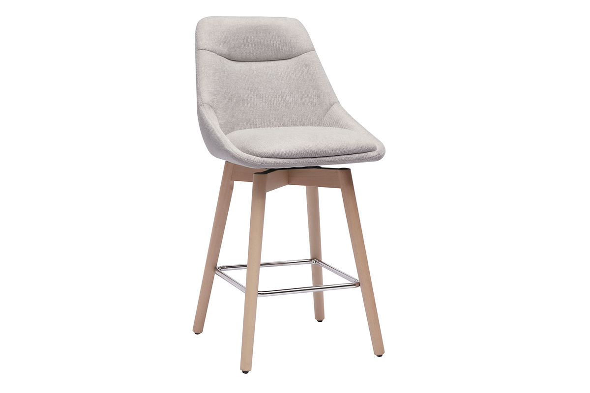 Sgabello da bar scandinavo beige vista 3/4, legno chiaro, tessuto effetto velluto.