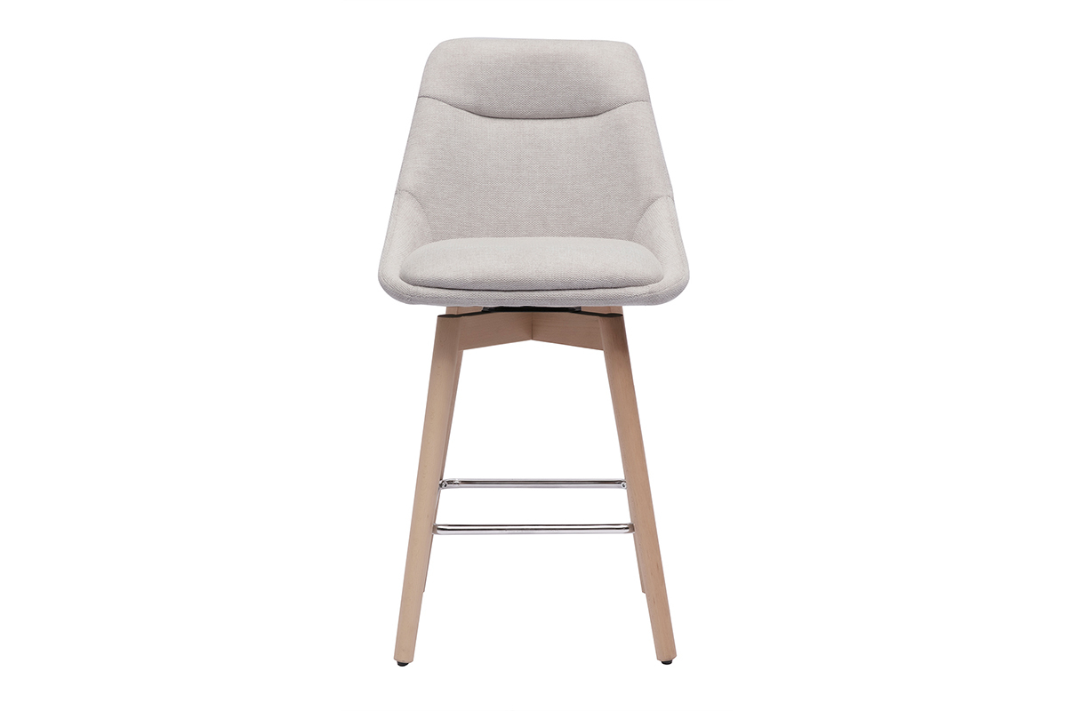 Sgabello da bar scandinavo beige visto di fronte, seduta in tessuto effetto velluto e gambe in legno chiaro.