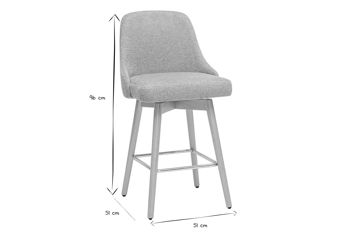 Dimensioni di uno sgabello da bar scandinavo, altezza 96 cm, larghezza 51 cm, in nero e bianco.