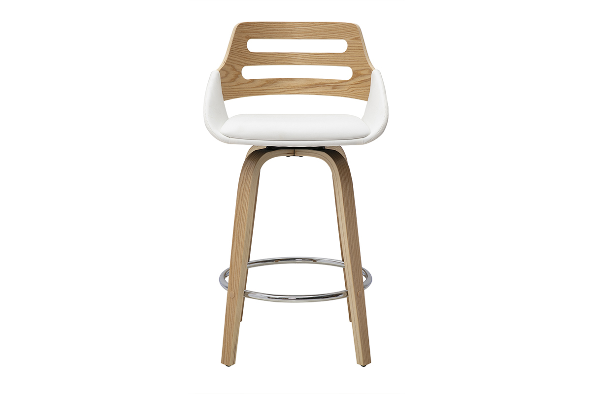 Sgabello da bar scandinavo girevole bianco e legno chiaro, vista frontale, altezza 65,5 cm.