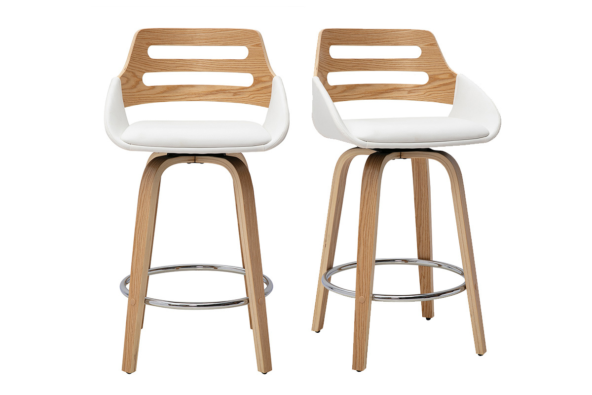 Set di 2 sgabelli da bar scandinavi girevoli bianchi e legno chiaro H65,5 cm, visti di fronte.