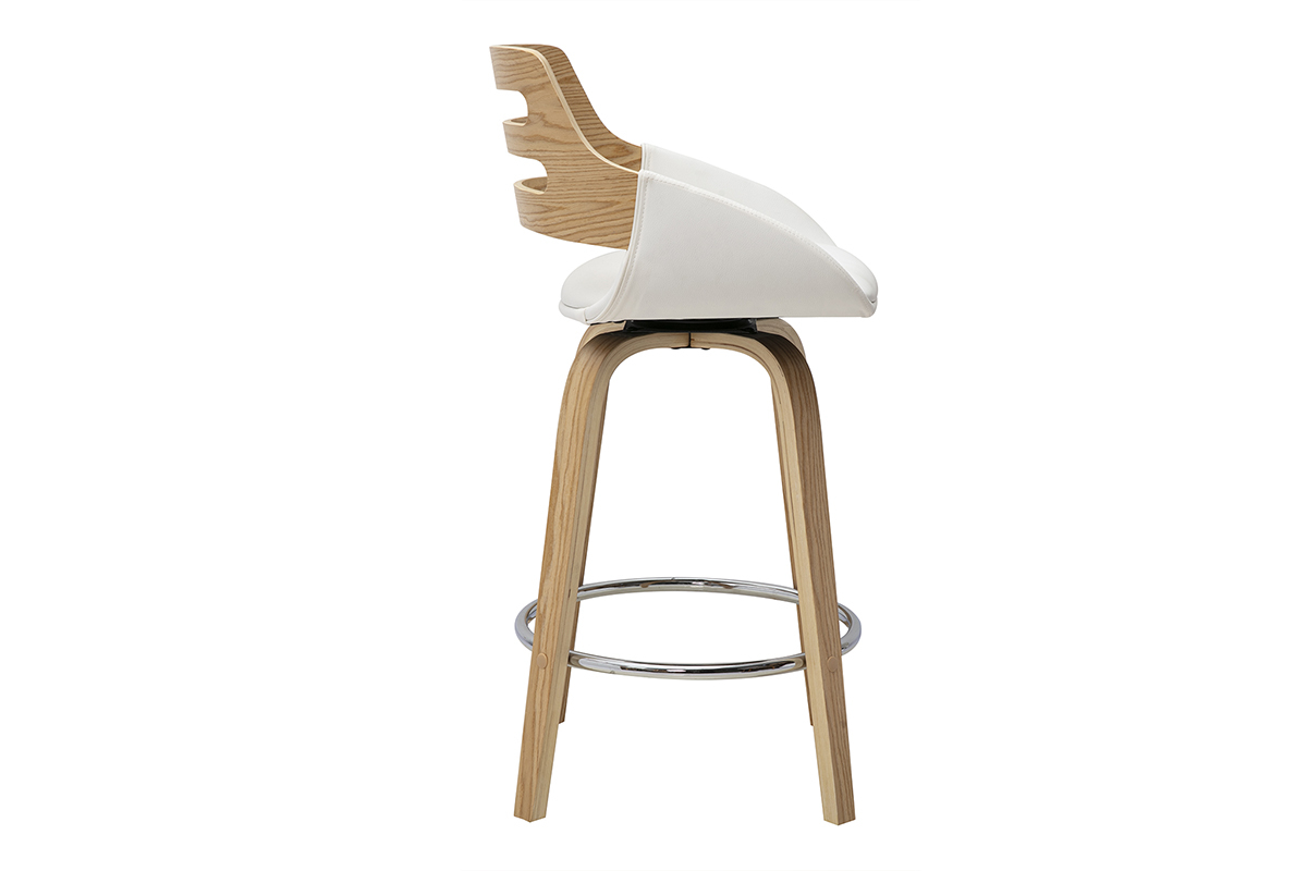 Sgabello da bar scandinavo bianco e legno chiaro vista di profilo, altezza 65,5 cm, con seduta girevole.