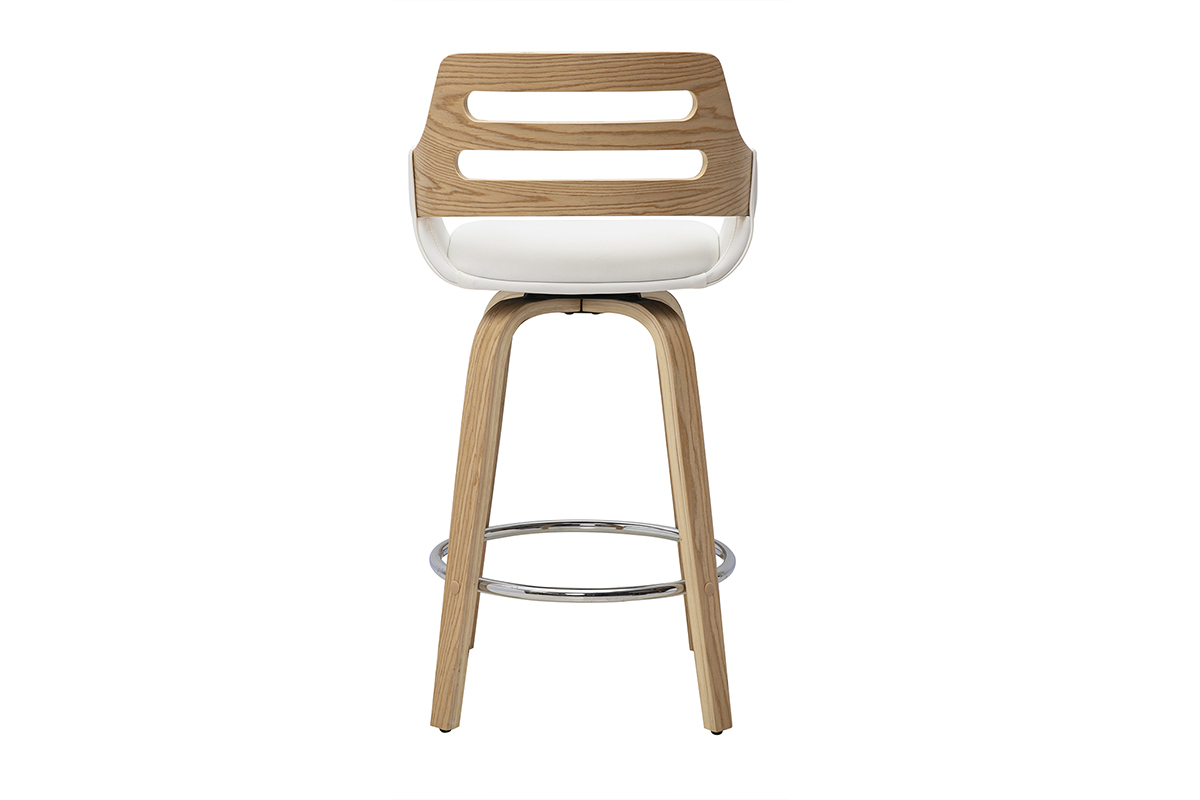 Sgabello da bar scandinavo girevole bianco e legno chiaro, vista posteriore, H65,5 cm.