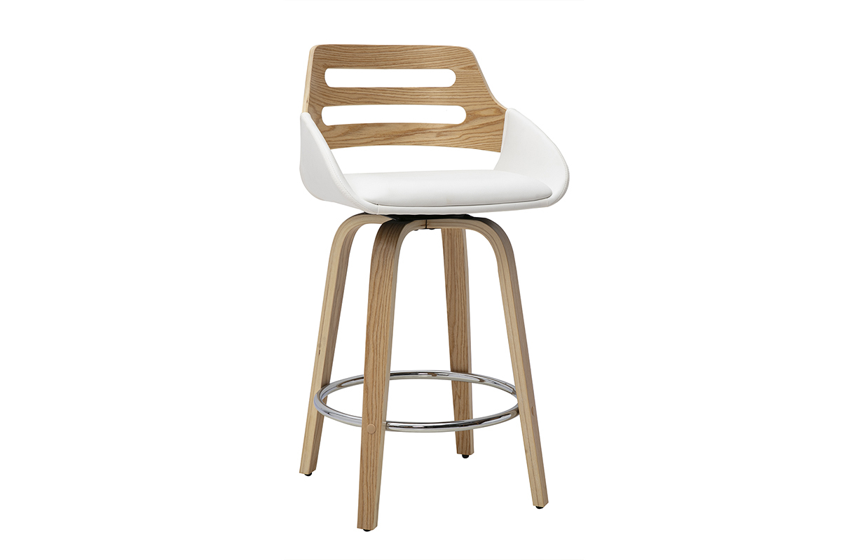 Sgabello da bar scandinavo girevole bianco e legno chiaro, vista a 3/4