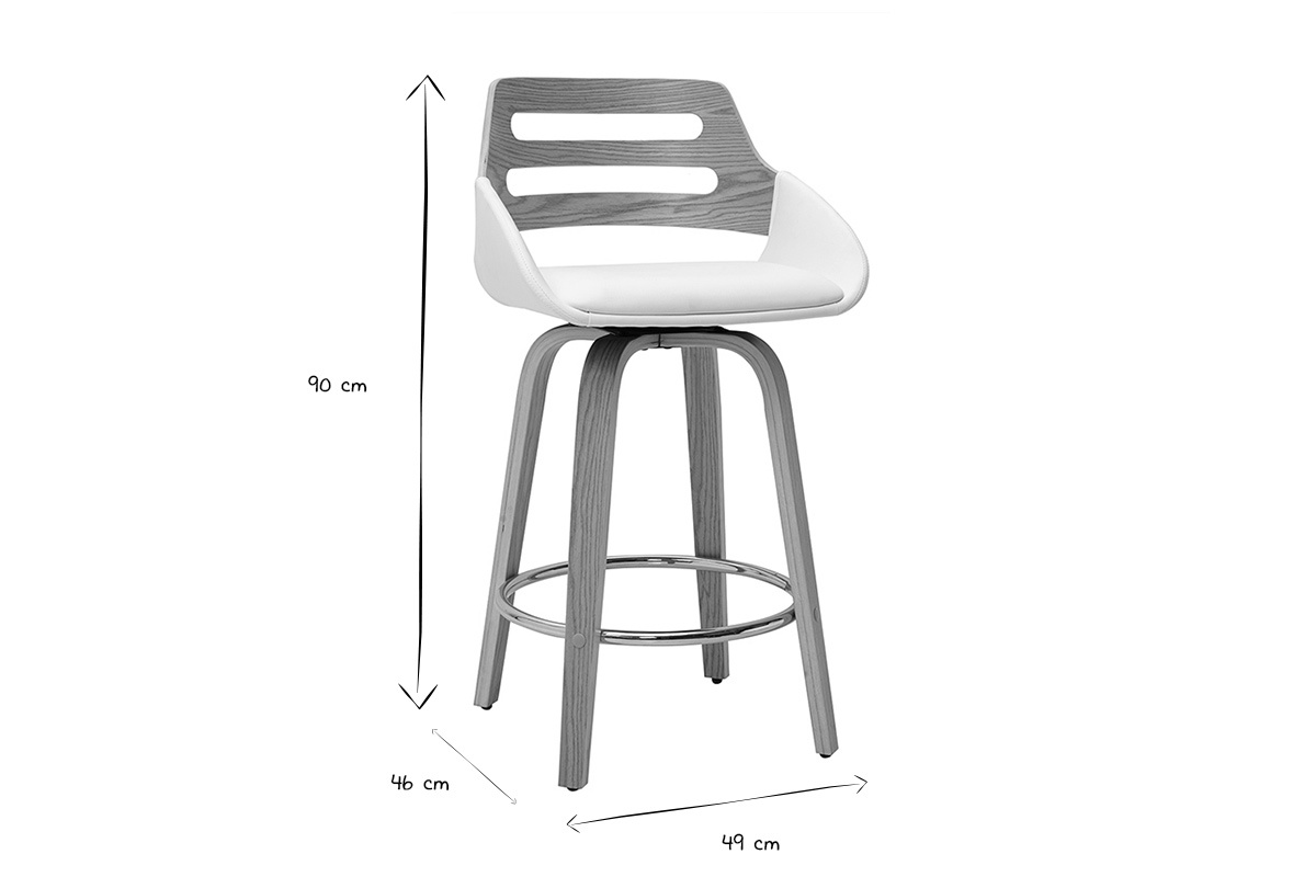 Dimensioni di uno sgabello da bar scandinavo in bianco e nero: altezza 90 cm, seduta 46 cm, larghezza 49 cm.