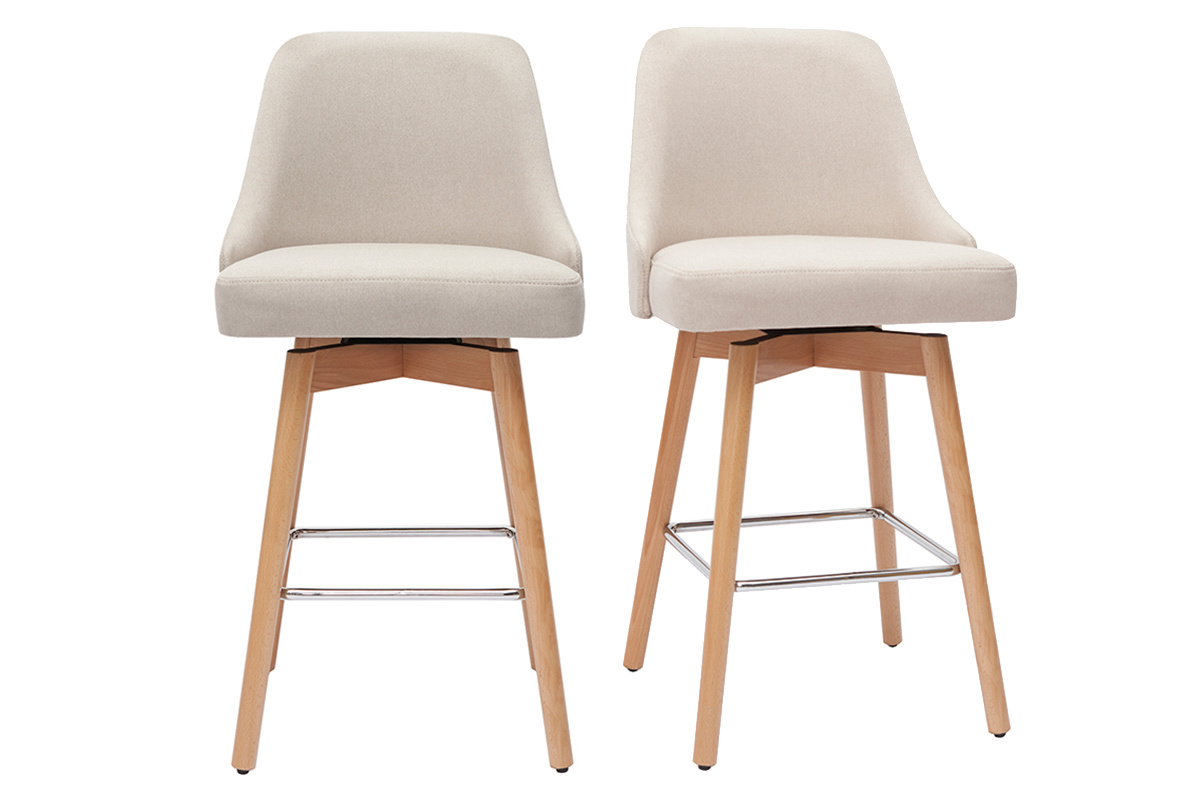 Sgabelli da bar scandinavi in tessuto beige e legno massello di faggio H65 cm (set di 2) HASTA