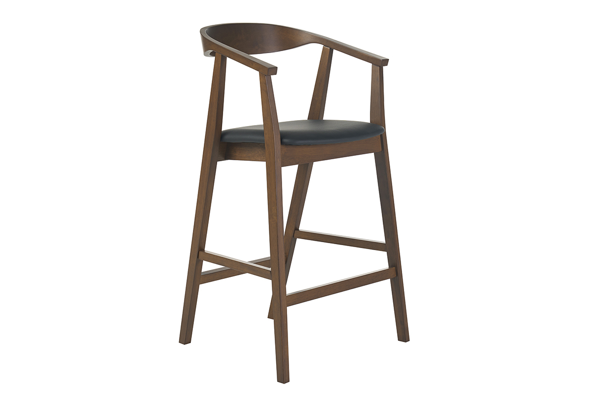 Sgabello da bar scandinavo nero e legno scuro, vista a 3/4, con braccioli e schienale alto.