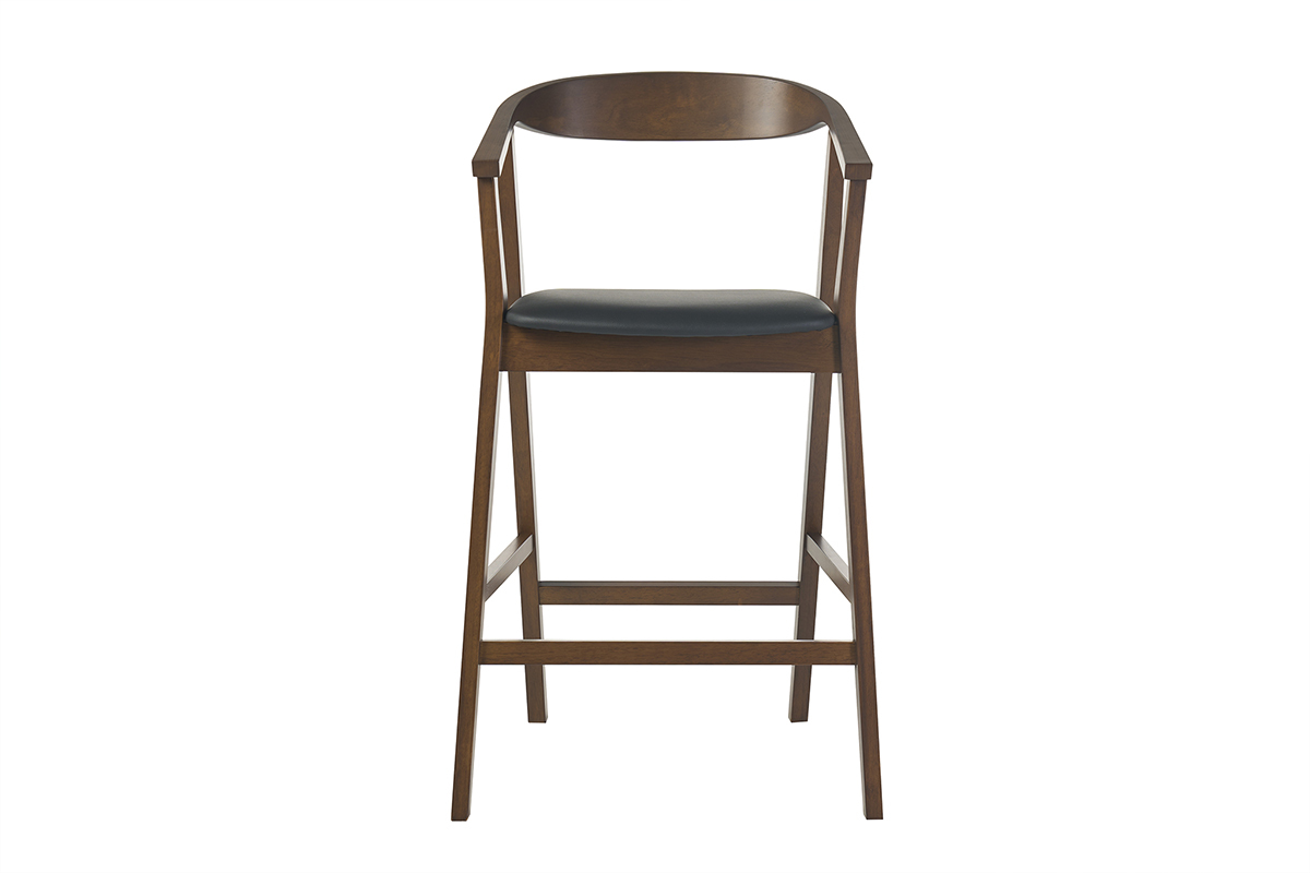 Sgabello da bar scandinavo nero e legno scuro, vista frontale, H66.5 cm.