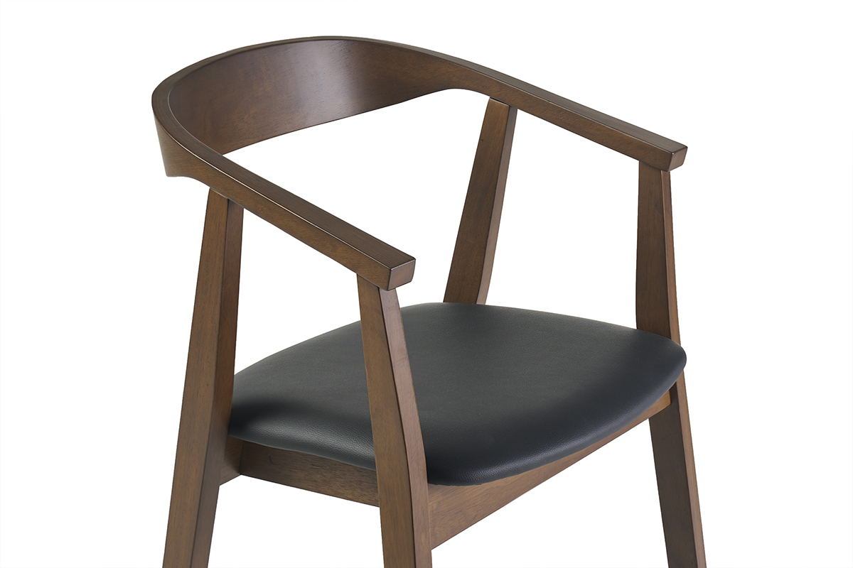 Sgabello da bar scandinavo nero e legno scuro, vista laterale, con braccioli e seduta confortevole