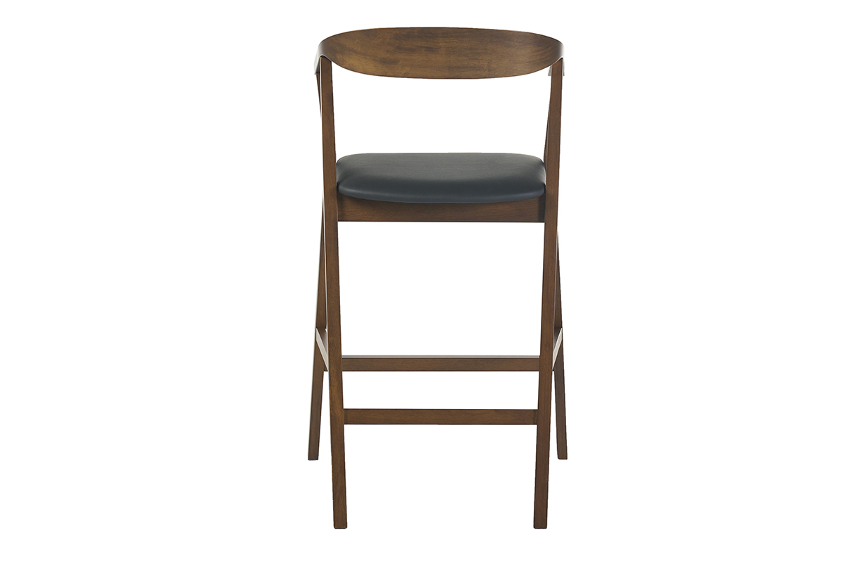 Sgabello da bar scandinavo nero e legno scuro vista posteriore, H66,5 cm.