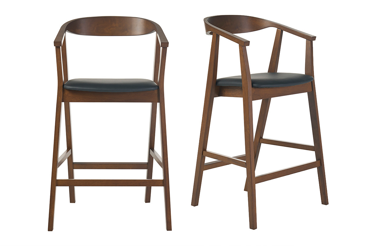 Sgabelli da bar scandinavi neri e legno scuro, vista frontale, H66,5 cm, set di 2