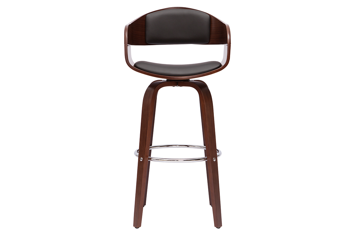 Sgabello da bar vintage girevole a 360� in noce, vista frontale, seduta e schienale imbottiti, poggiapiedi in metallo.