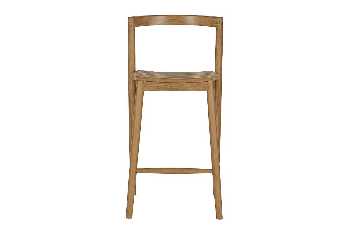 Sgabello da giardino in teak massiccio H70 cm, vista frontale, design essenziale e impilabile.