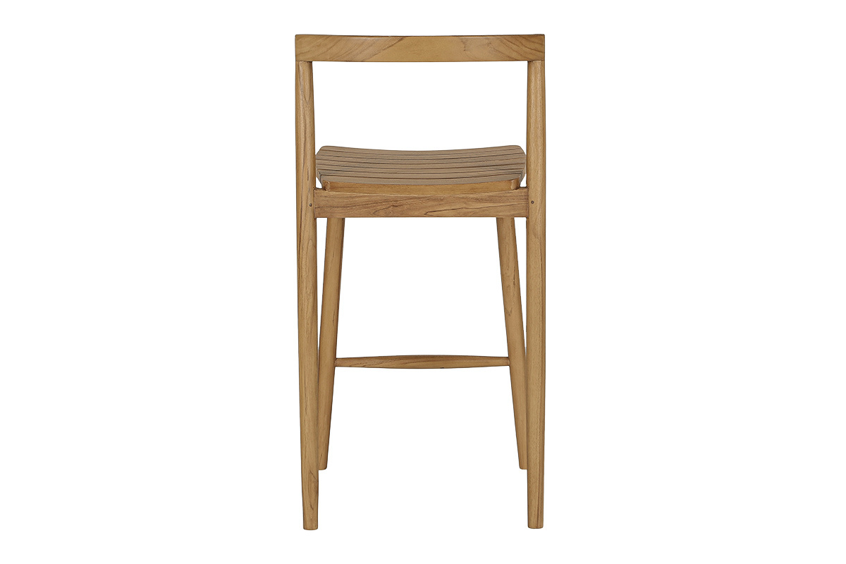 Sgabello da giardino in teak massello, vista posteriore, impilabile, altezza 70 cm, design essenziale.